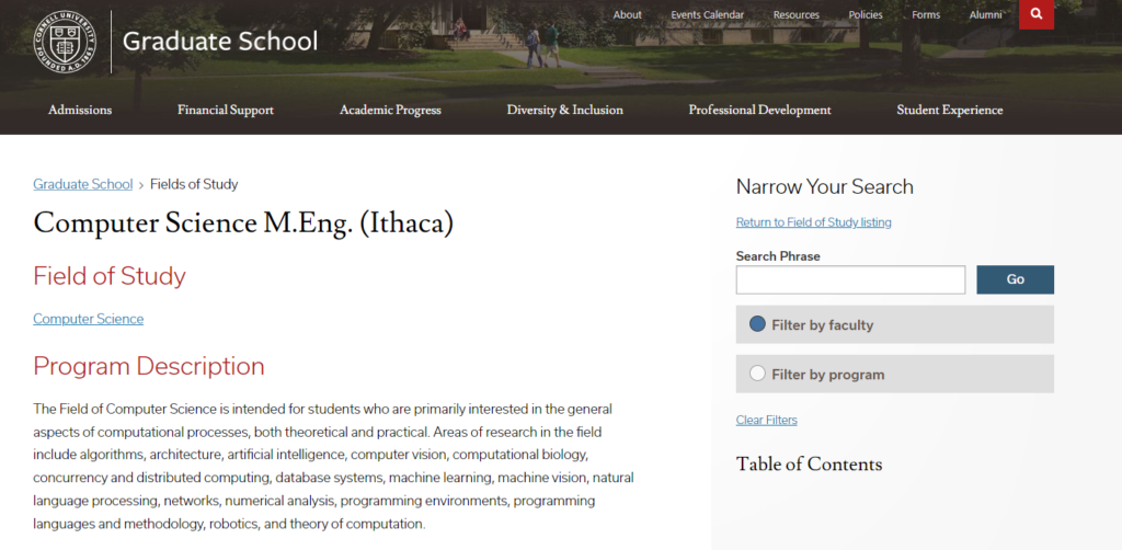 Artificial Intelligence Masters programs by Cornell University.