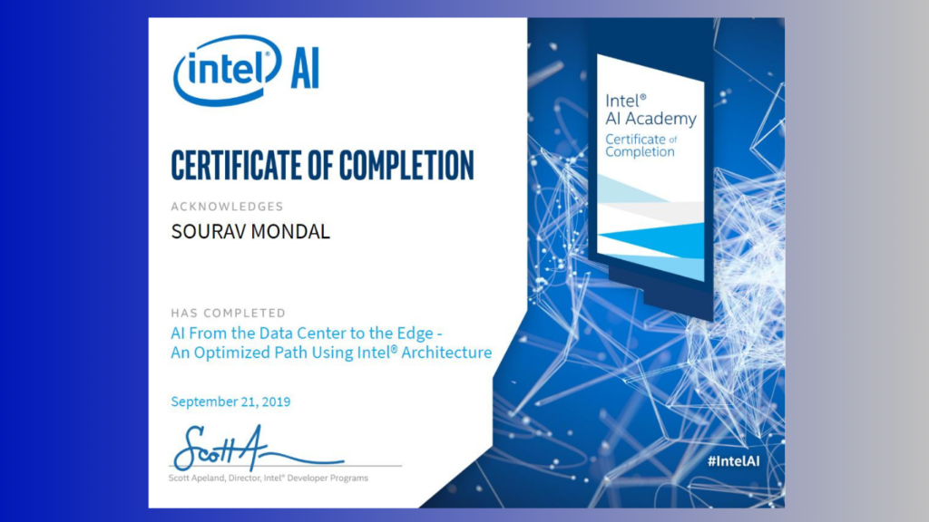 Sample certificate of ai programs with certification for ai developers by Intel Edge.